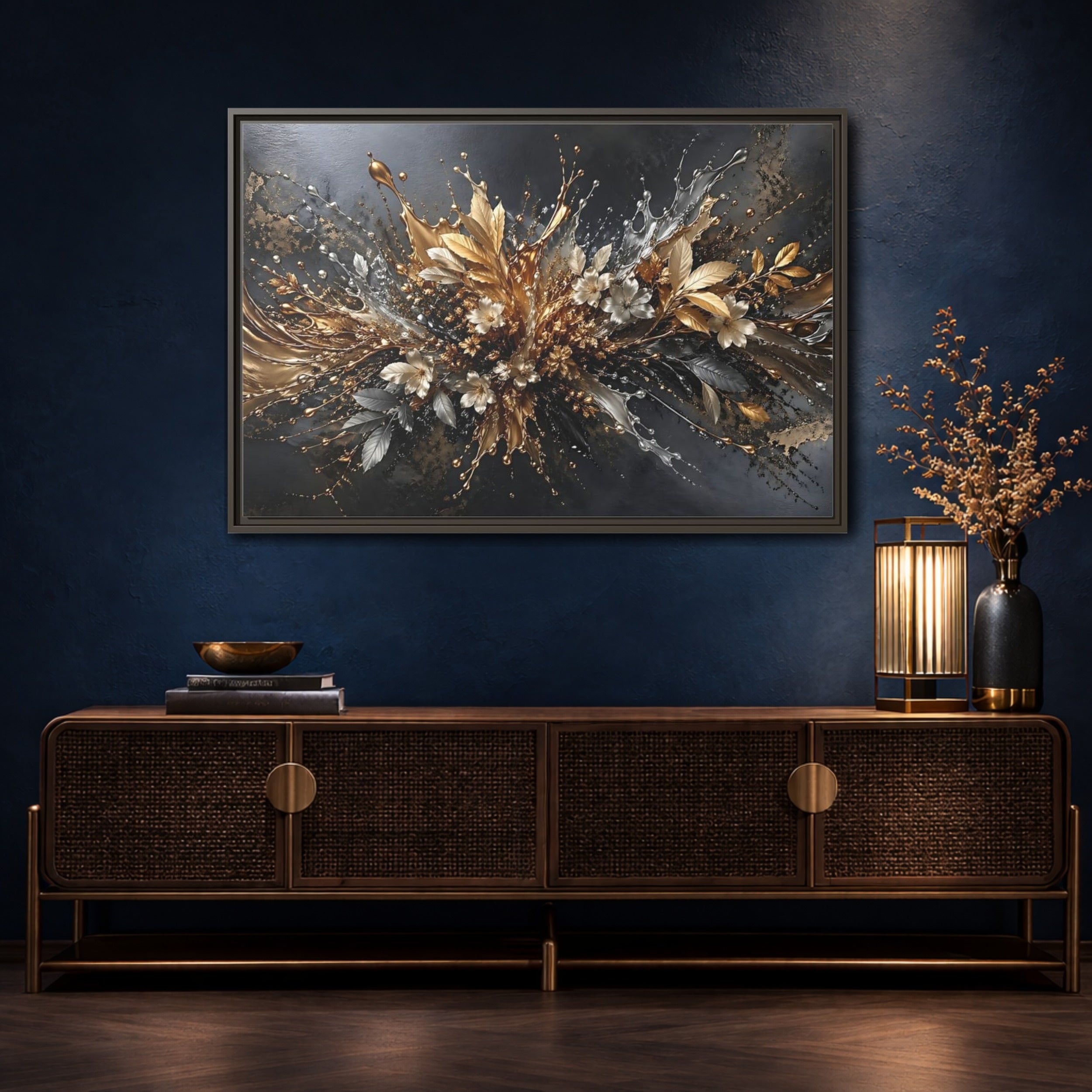 Mockup 4. Floral Floral Burst Black Gold Silver shown as stretched canvas wall art