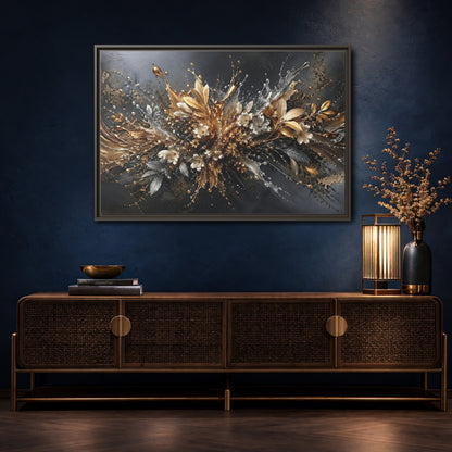 Mockup 4. Floral Floral Burst Black Gold Silver shown as stretched canvas wall art