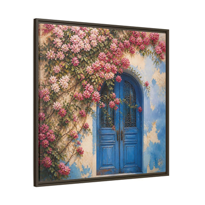 Main Mockup. Floral Floral Door Pink And Blue Floral shown as stretched canvas wall art