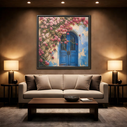 Mockup 2. Floral Floral Door Pink And Blue Floral shown as stretched canvas wall art