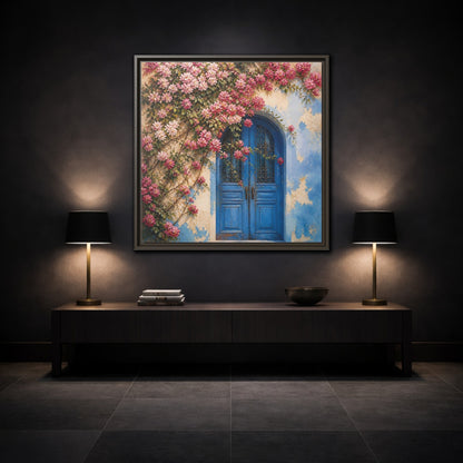 Mockup 3. Floral Floral Door Pink And Blue Floral shown as stretched canvas wall art