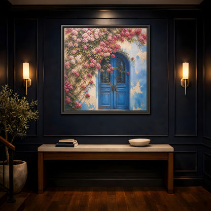 Mockup 4. Floral Floral Door Pink And Blue Floral shown as stretched canvas wall art