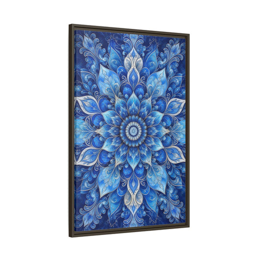 Main Mockup. Floral Floral Mandala Blue Floral Mandala shown as stretched canvas wall art