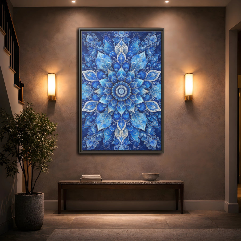 Mockup 2. Floral Floral Mandala Blue Floral Mandala shown as stretched canvas wall art