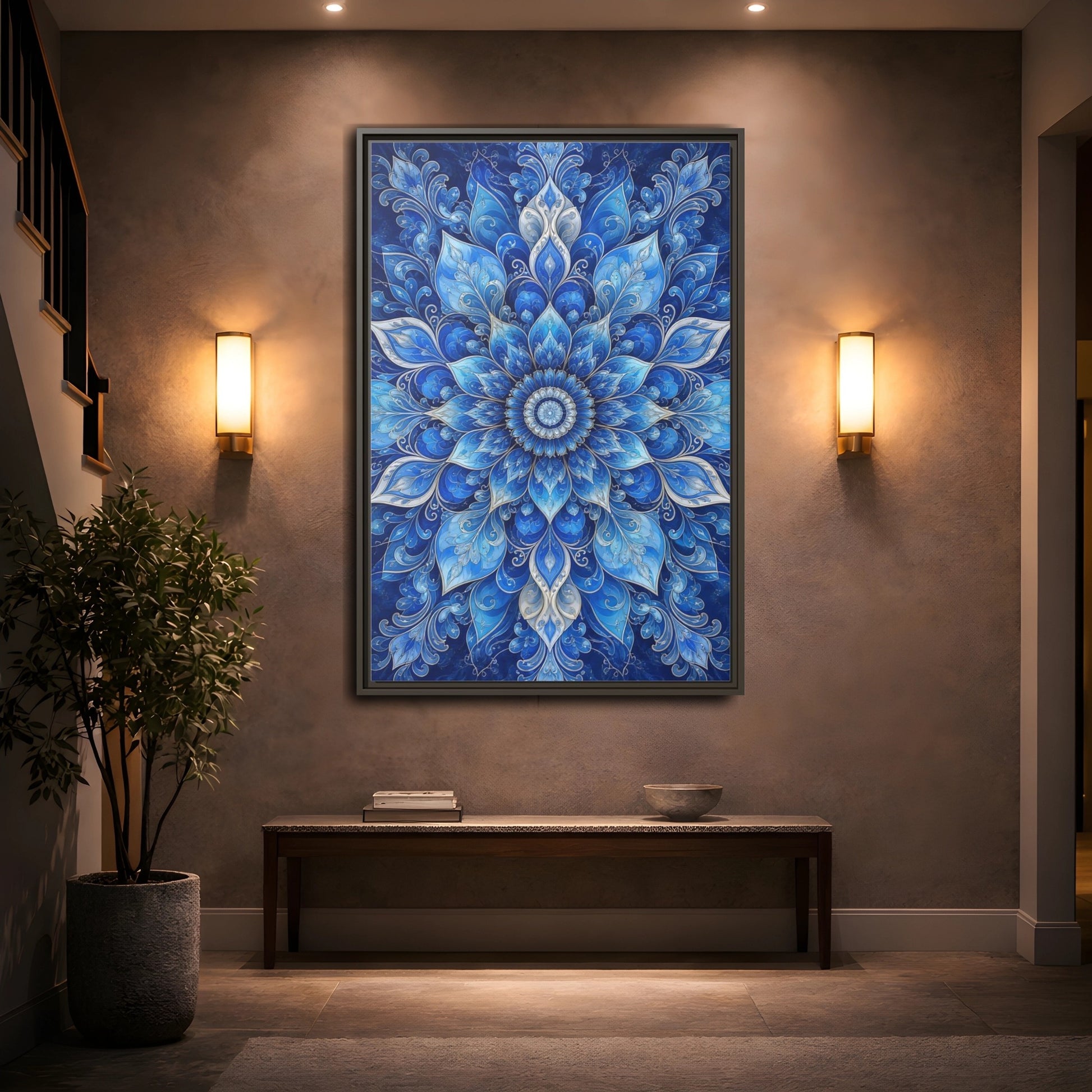 Mockup 2. Floral Floral Mandala Blue Floral Mandala shown as stretched canvas wall art