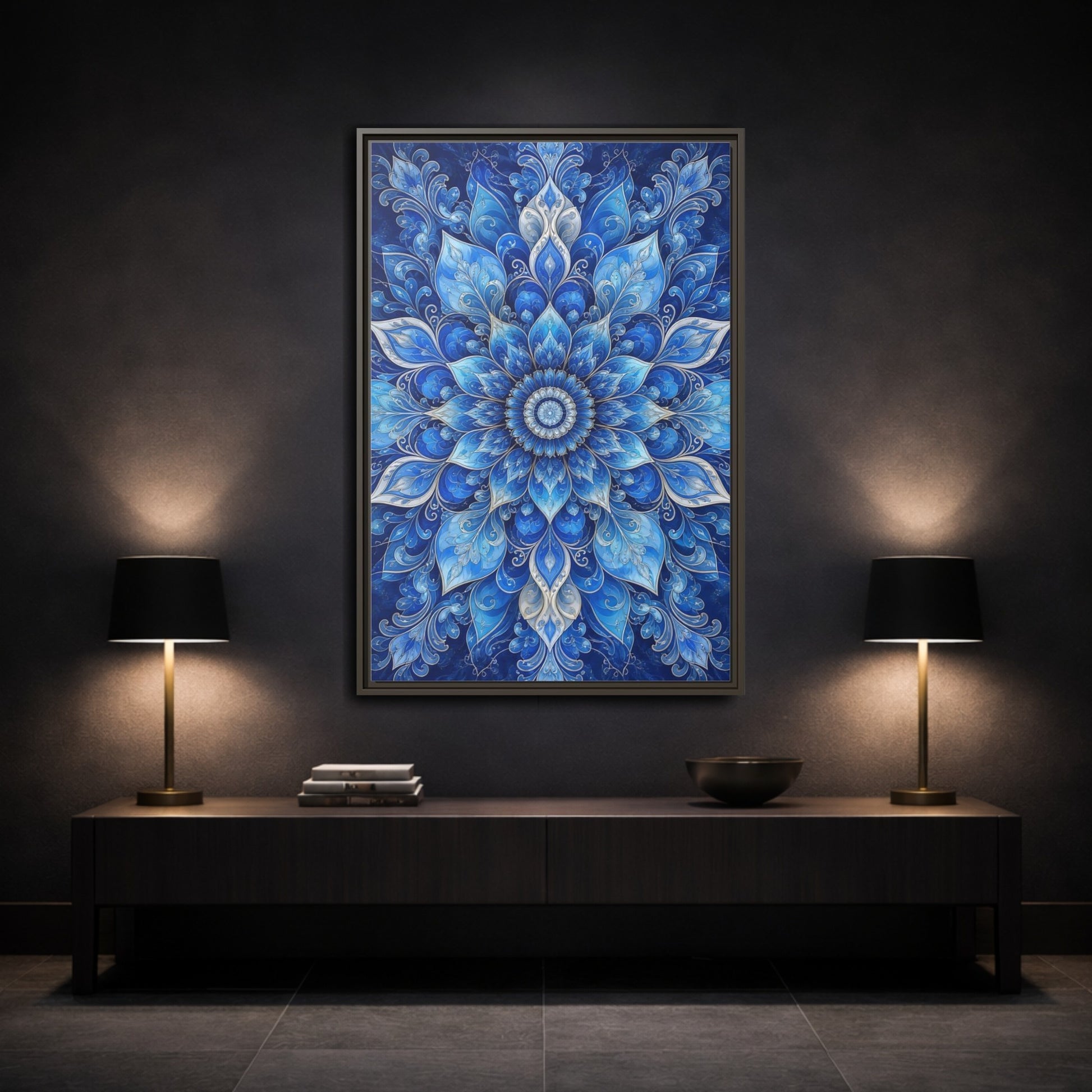 Mockup 3. Floral Floral Mandala Blue Floral Mandala shown as stretched canvas wall art