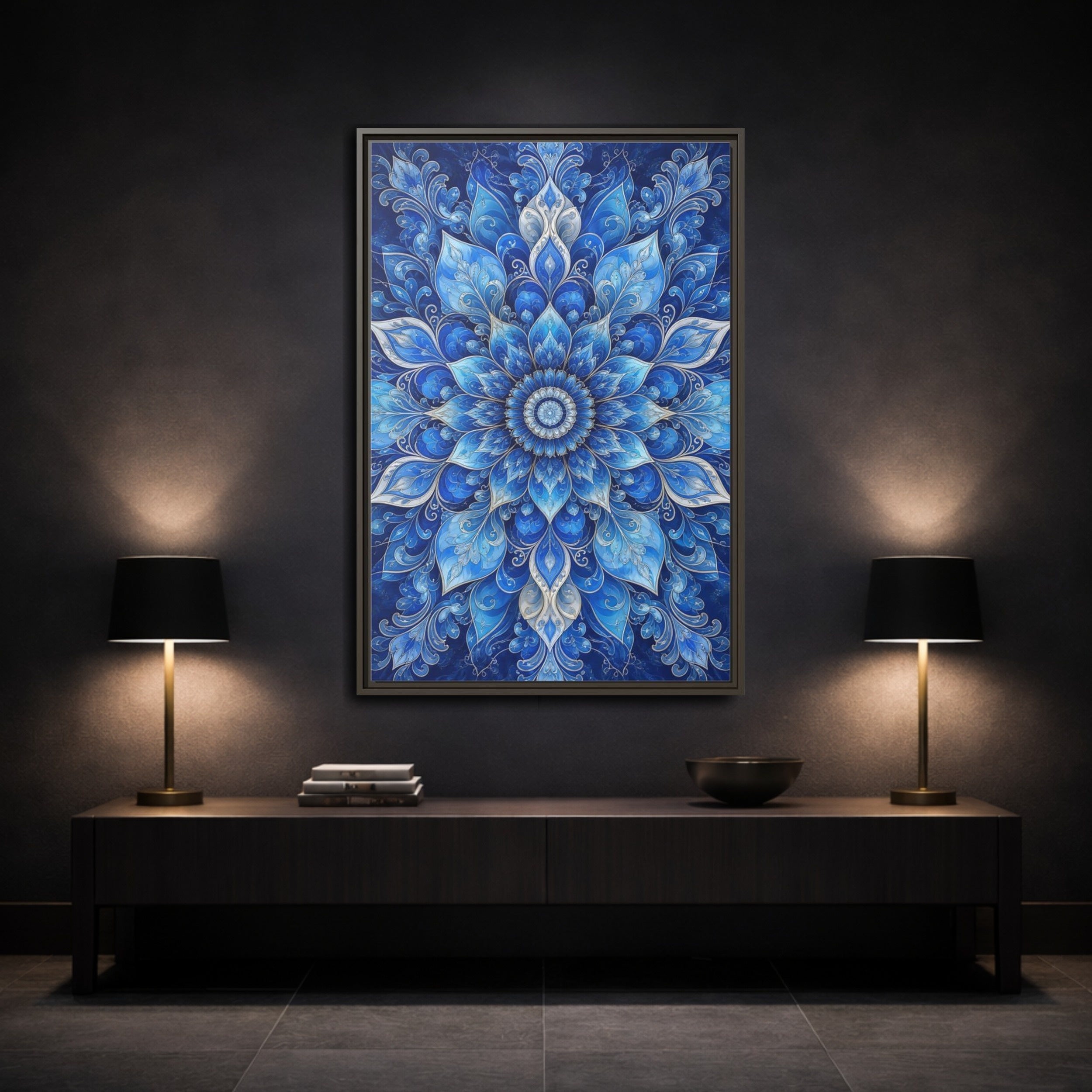 Mockup 3. Floral Floral Mandala Blue Floral Mandala shown as stretched canvas wall art