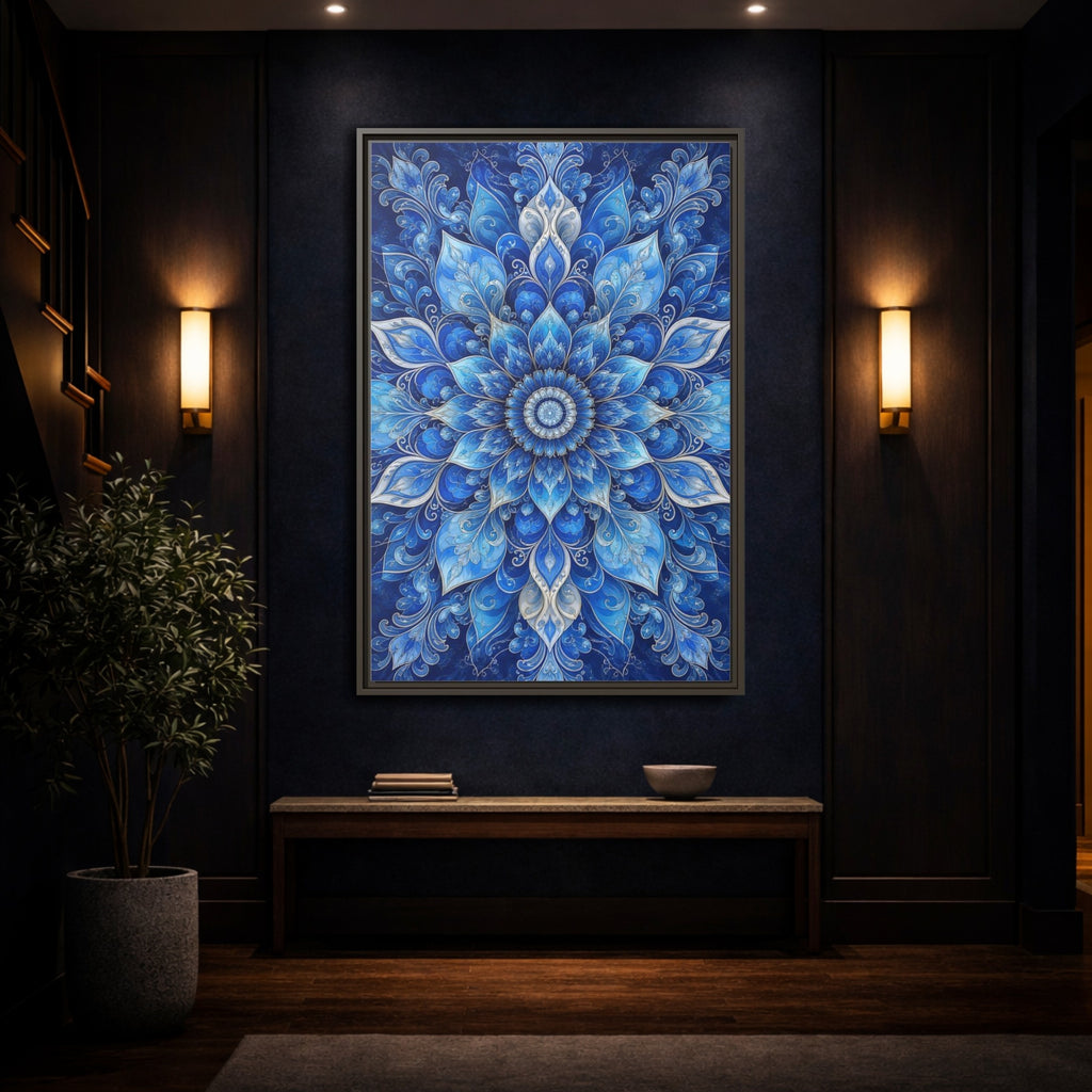 Mockup 4. Floral Floral Mandala Blue Floral Mandala shown as stretched canvas wall art