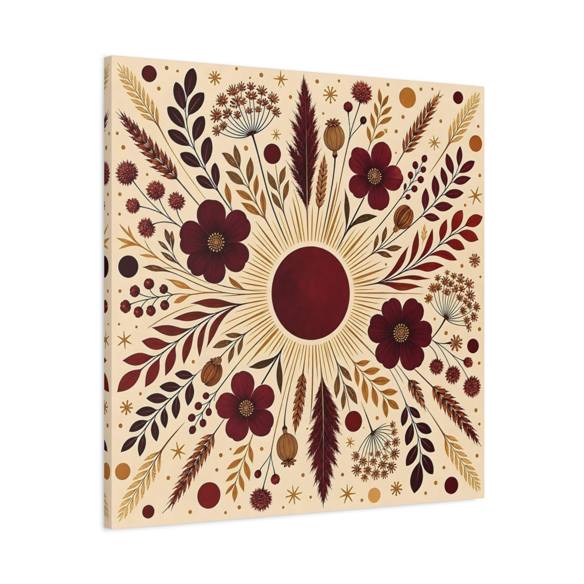Main Mockup. Floral Floral Mandala Maroon And Gold shown as stretched canvas wall art