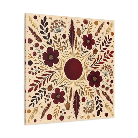 Main Mockup. Floral Floral Mandala Maroon And Gold shown as stretched canvas wall art