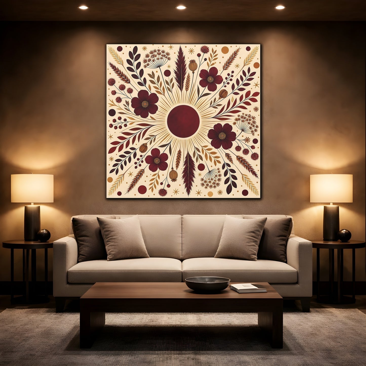 Mockup 2. Floral Floral Mandala Maroon And Gold shown as stretched canvas wall art