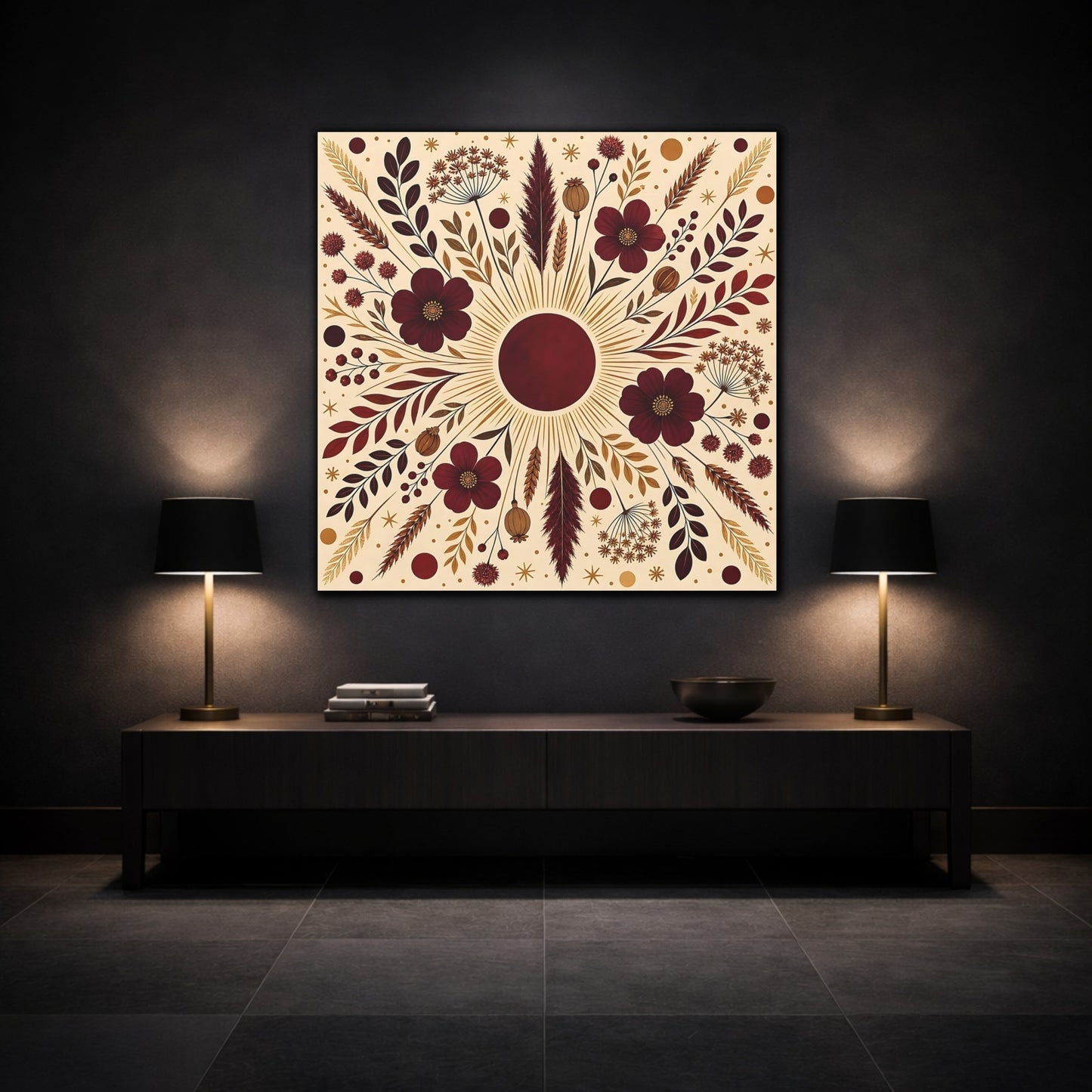 Mockup 3. Floral Floral Mandala Maroon And Gold shown as stretched canvas wall art