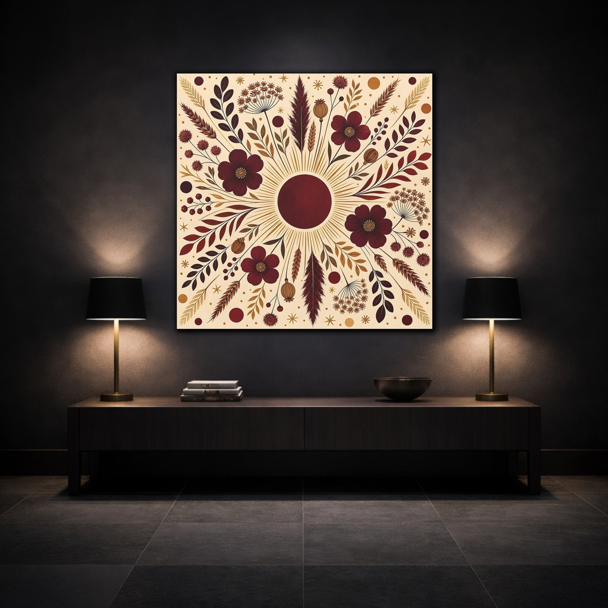 Mockup 3. Floral Floral Mandala Maroon And Gold shown as stretched canvas wall art