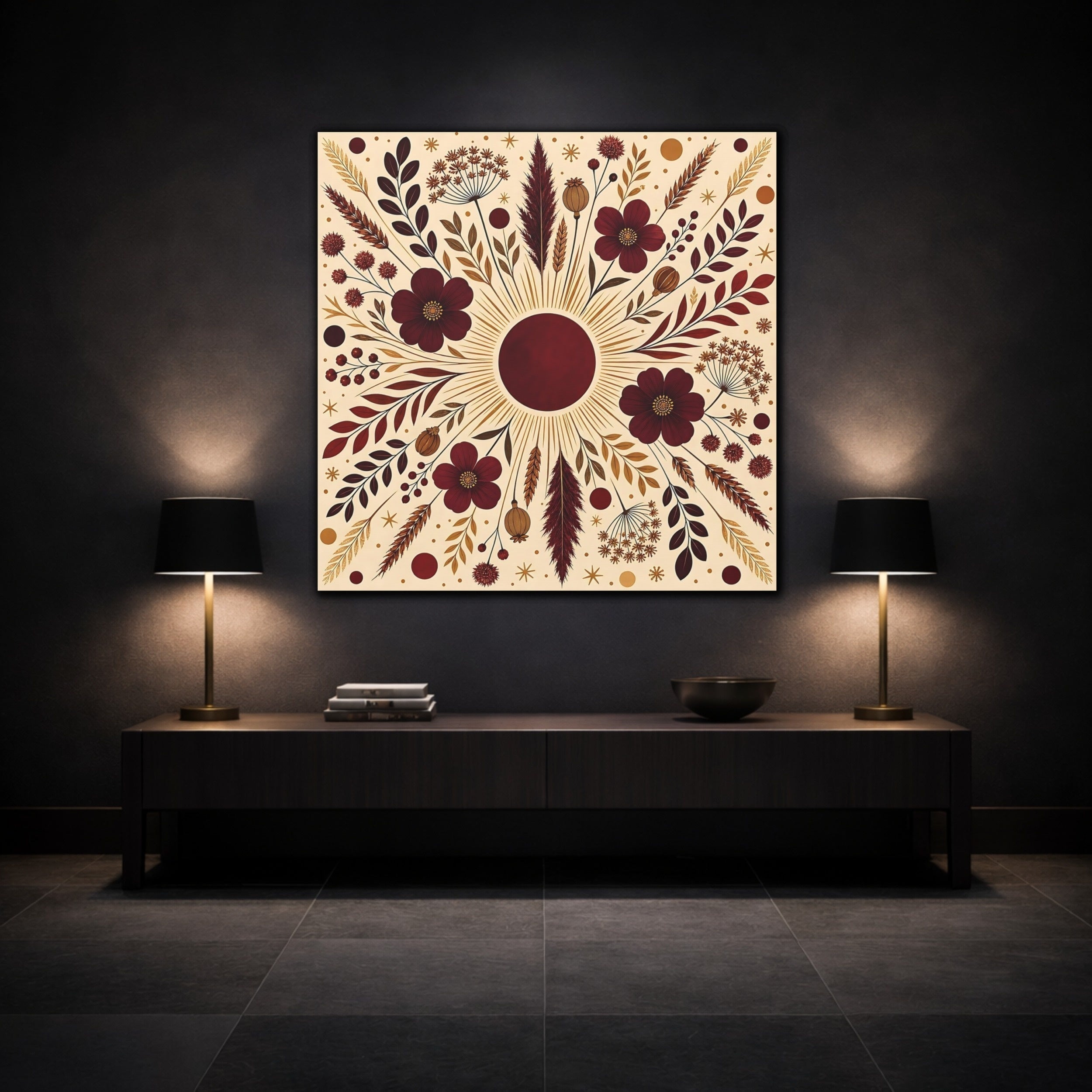 Mockup 3. Floral Floral Mandala Maroon And Gold shown as stretched canvas wall art