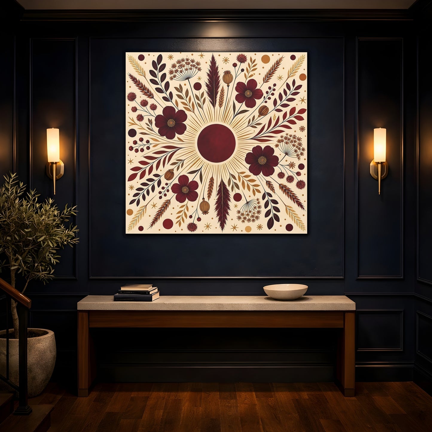 Mockup 4. Floral Floral Mandala Maroon And Gold shown as stretched canvas wall art
