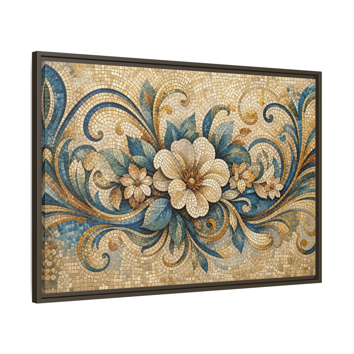 Main Mockup. Floral Floral Mosaic Blue And Gold Mosaic shown as stretched canvas wall art
