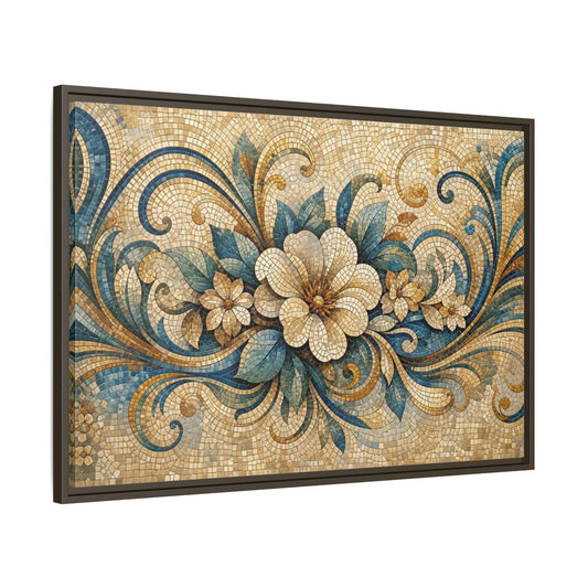 Main Mockup. Floral Floral Mosaic Blue And Gold Mosaic shown as stretched canvas wall art