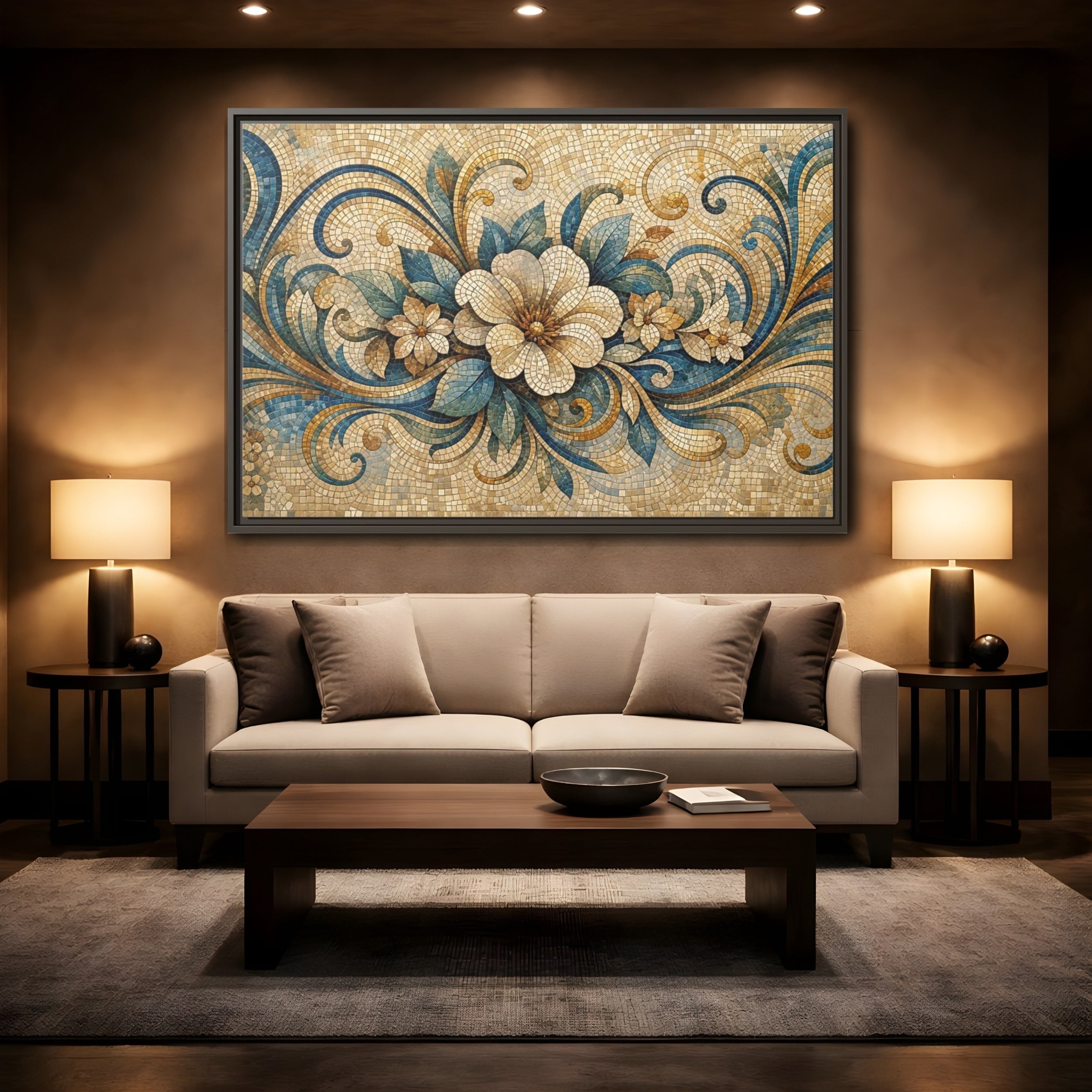 Mockup 2. Floral Floral Mosaic Blue And Gold Mosaic shown as stretched canvas wall art