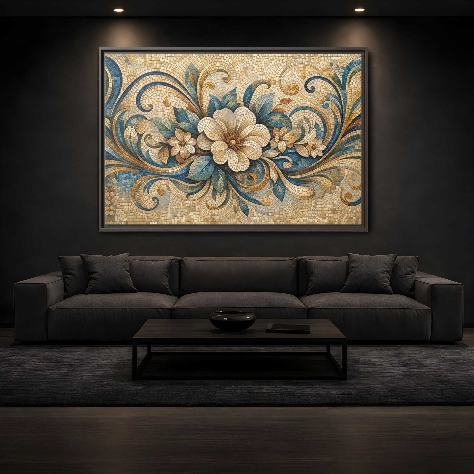 Mockup 3. Floral Floral Mosaic Blue And Gold Mosaic shown as stretched canvas wall art
