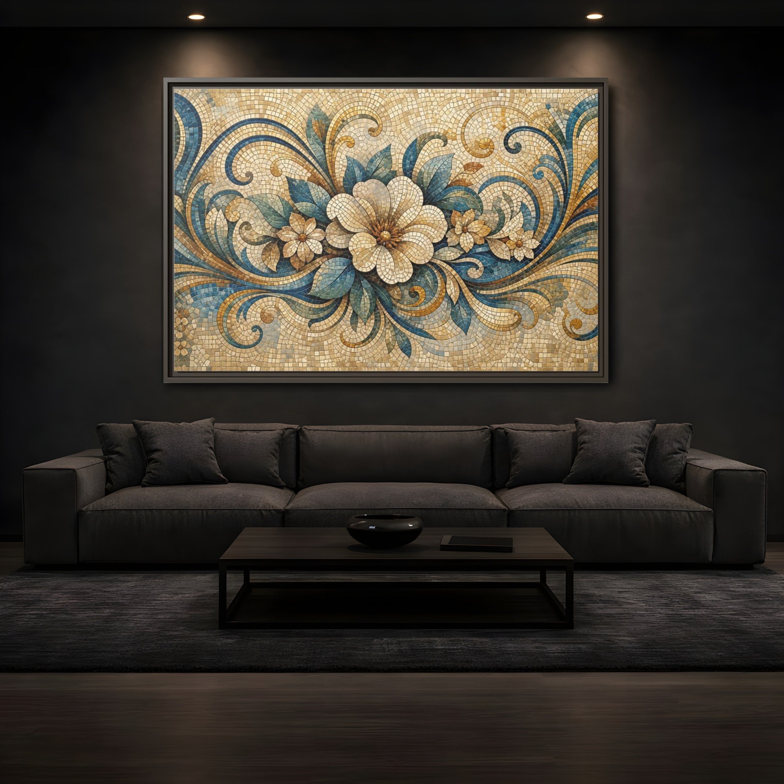 Mockup 3. Floral Floral Mosaic Blue And Gold Mosaic shown as stretched canvas wall art
