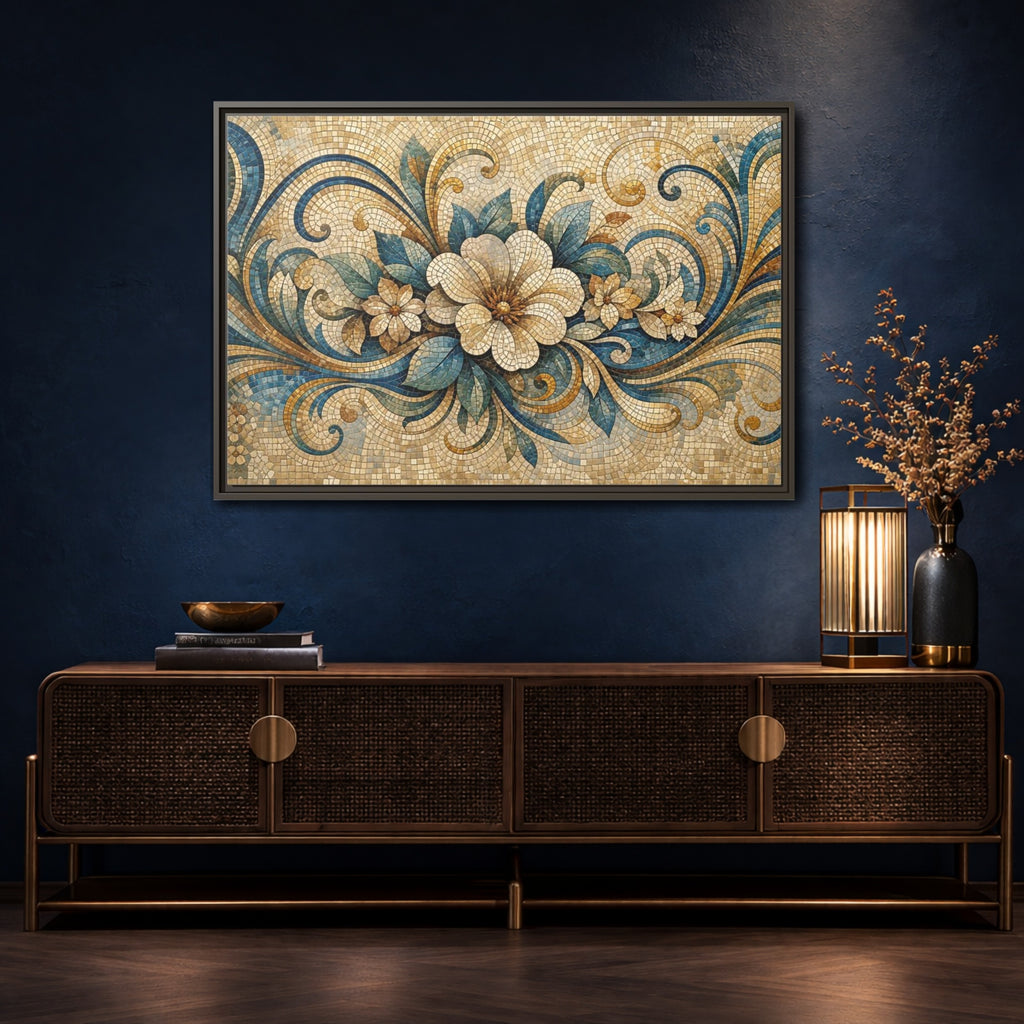 Mockup 4. Floral Floral Mosaic Blue And Gold Mosaic shown as stretched canvas wall art