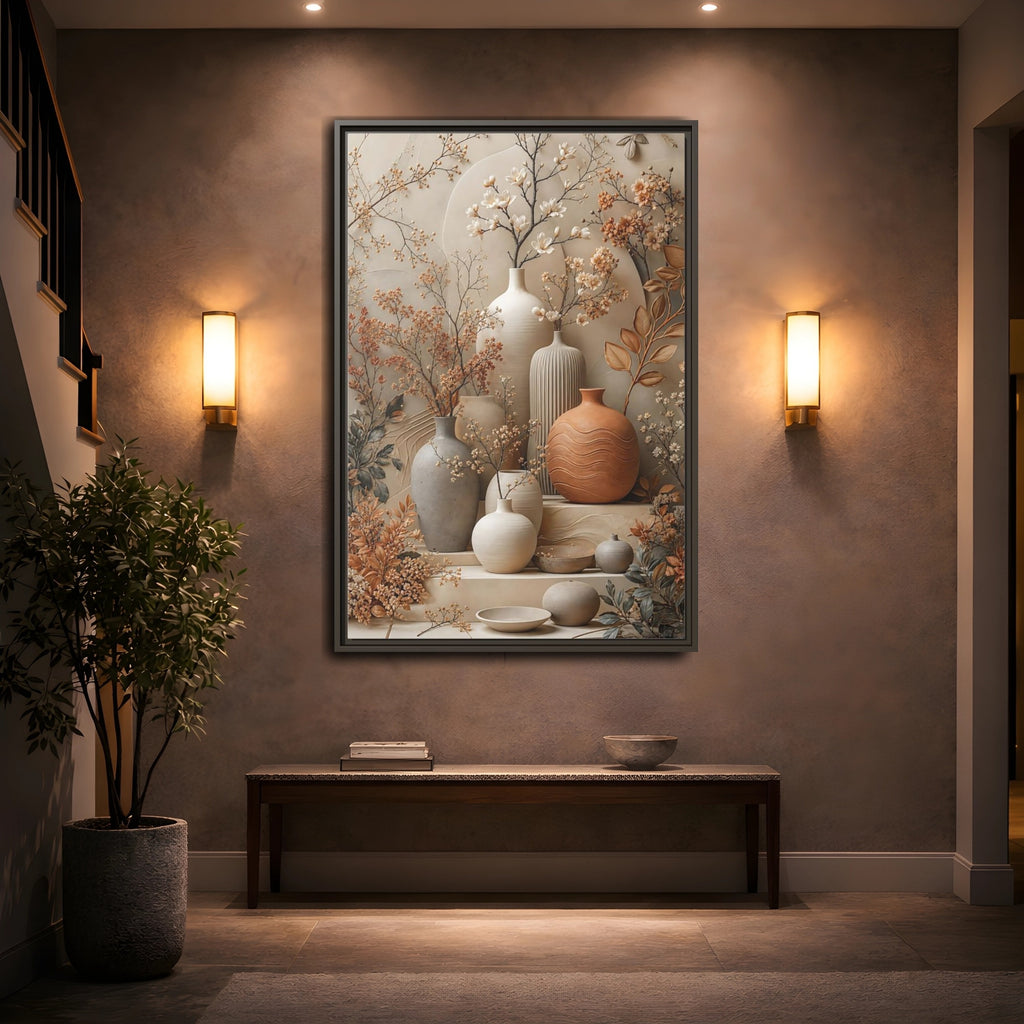 Mockup 2. Floral Floral Vases Earthy Tones Floral shown as stretched canvas wall art