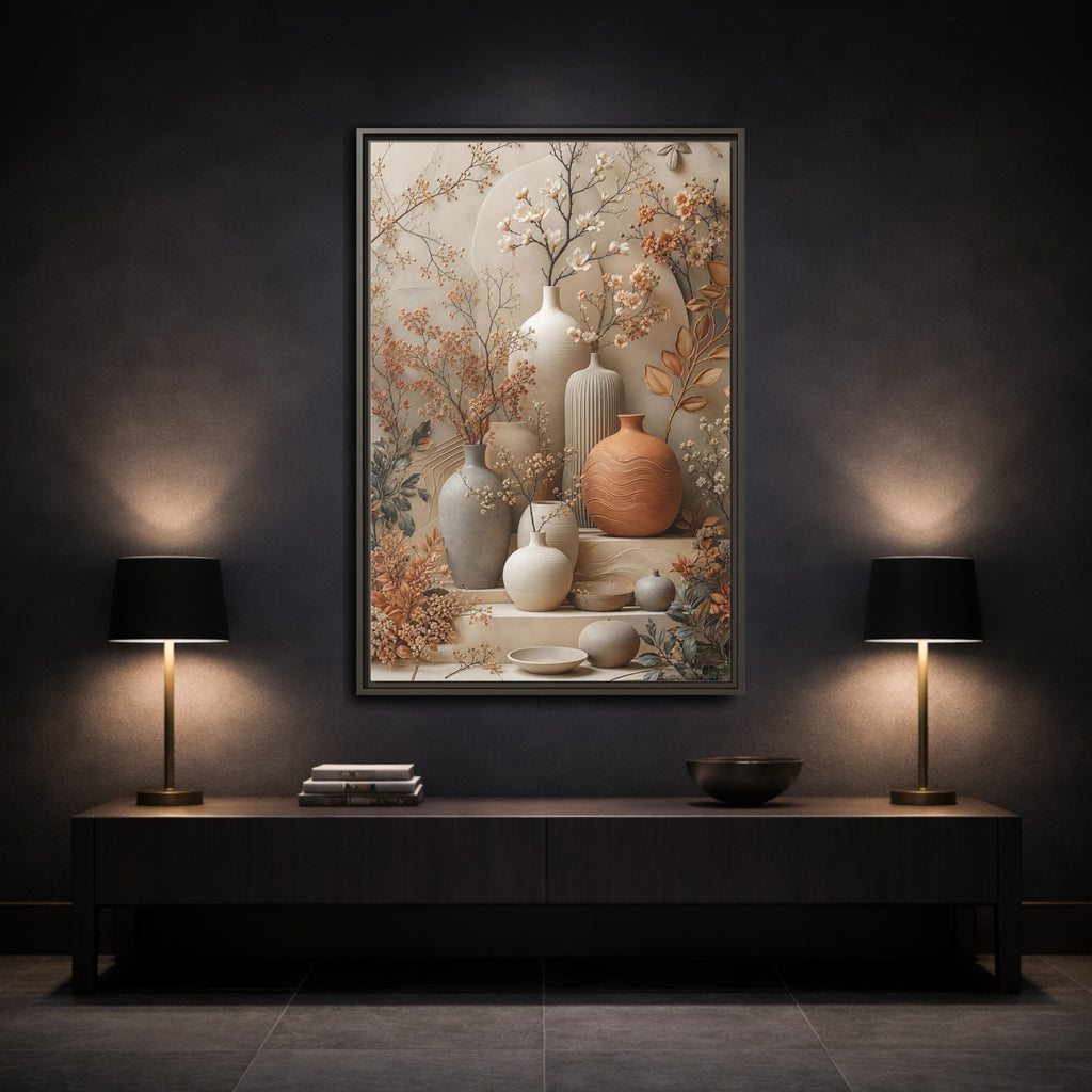 Mockup 3. Floral Floral Vases Earthy Tones Floral shown as stretched canvas wall art