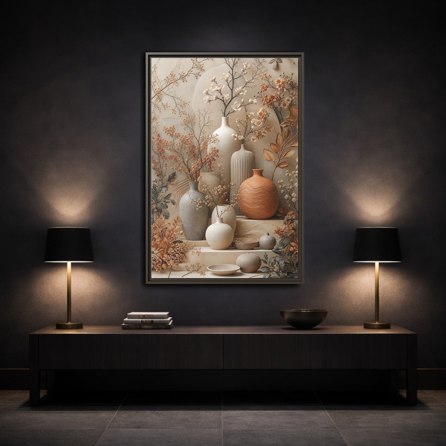Floral Vases Earthy Tones Framed Canvas Wall Art - Modern Decor for Living Room, Above Sofa shown as canvas wall art