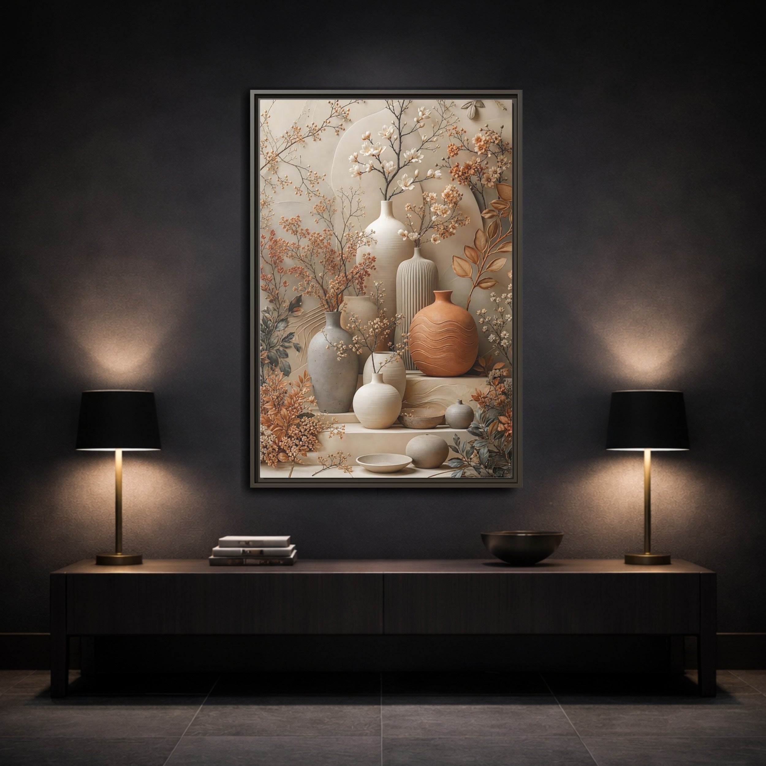 Mockup 3. Floral Floral Vases Earthy Tones Floral shown as stretched canvas wall art