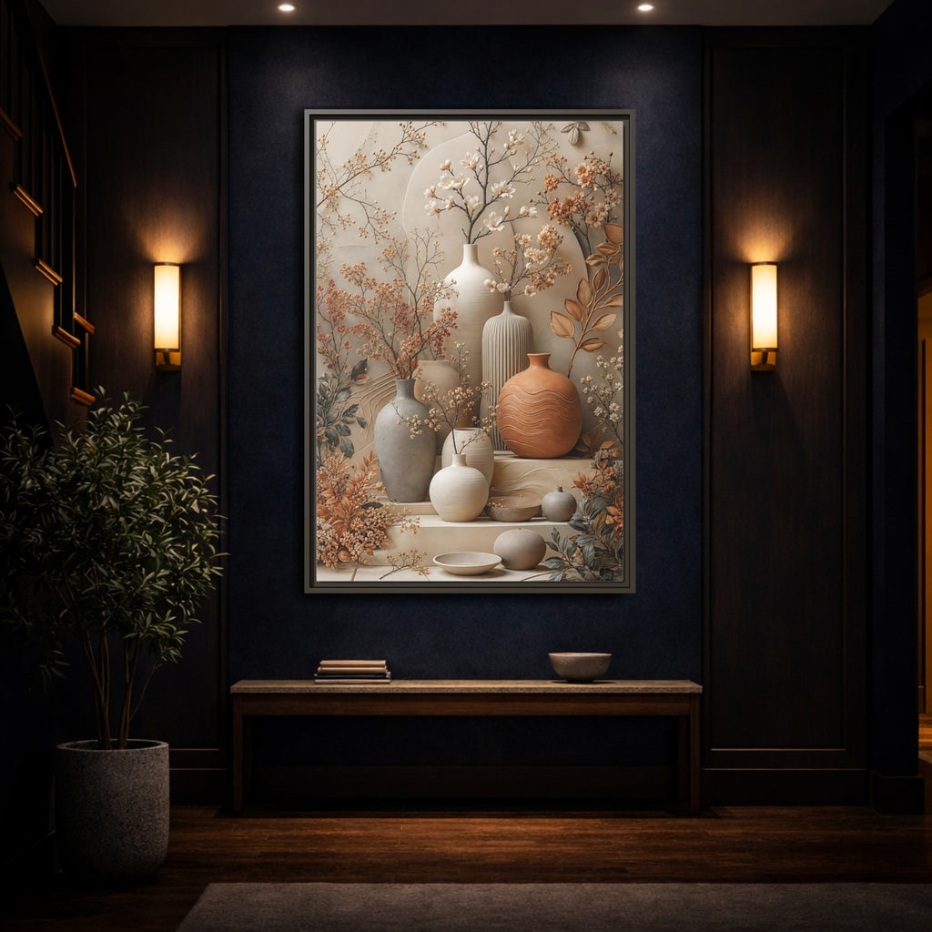 Mockup 4. Floral Floral Vases Earthy Tones Floral shown as stretched canvas wall art