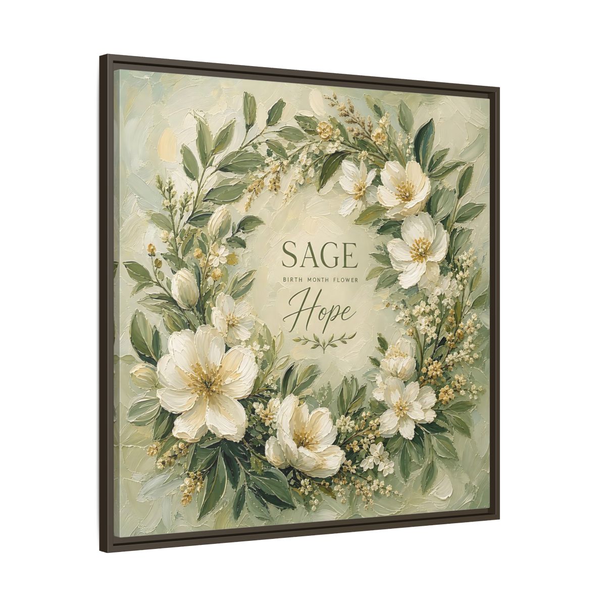 Main Mockup. Floral Floral Wreath Sage Green Floral shown as stretched canvas wall art