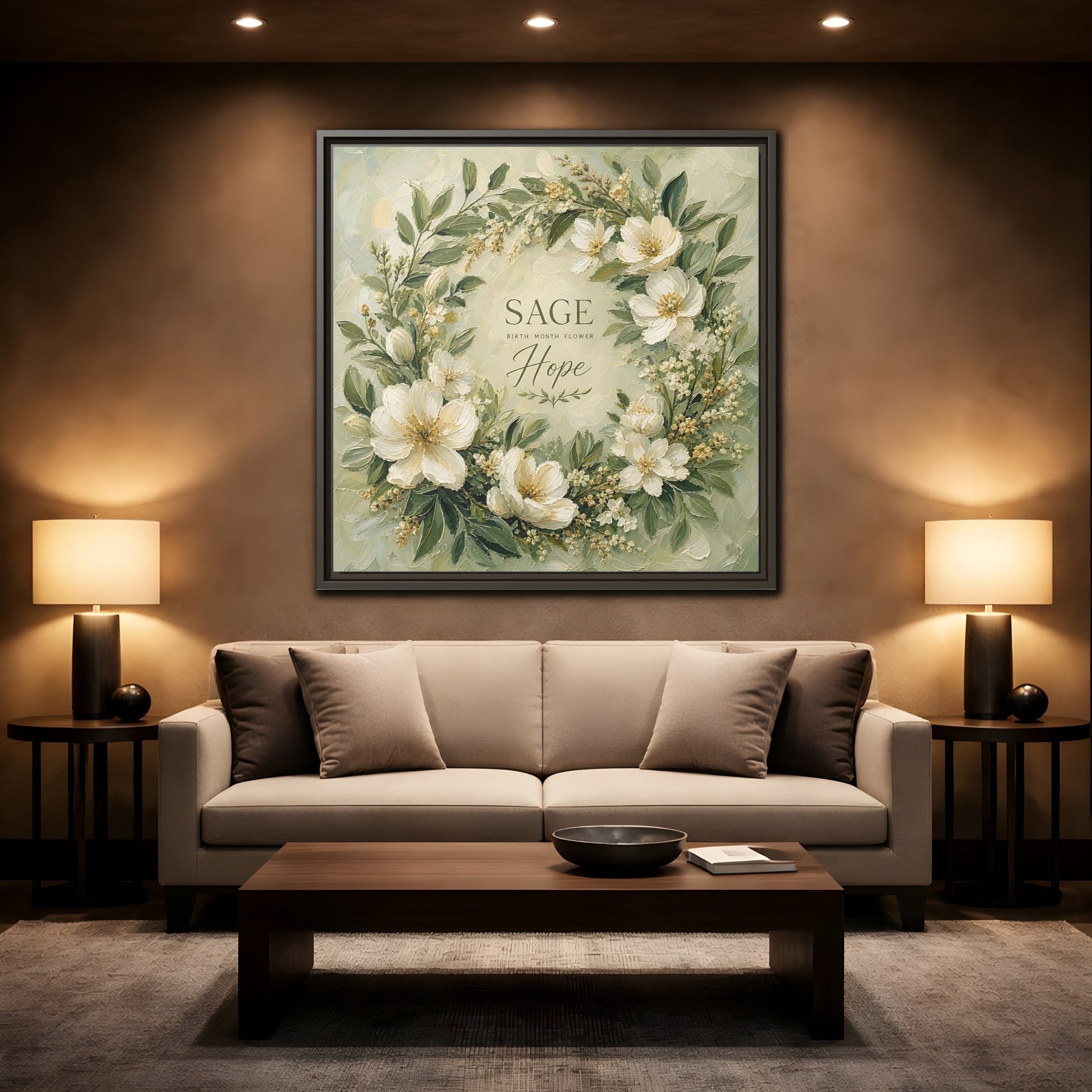 Mockup 2. Floral Floral Wreath Sage Green Floral shown as stretched canvas wall art