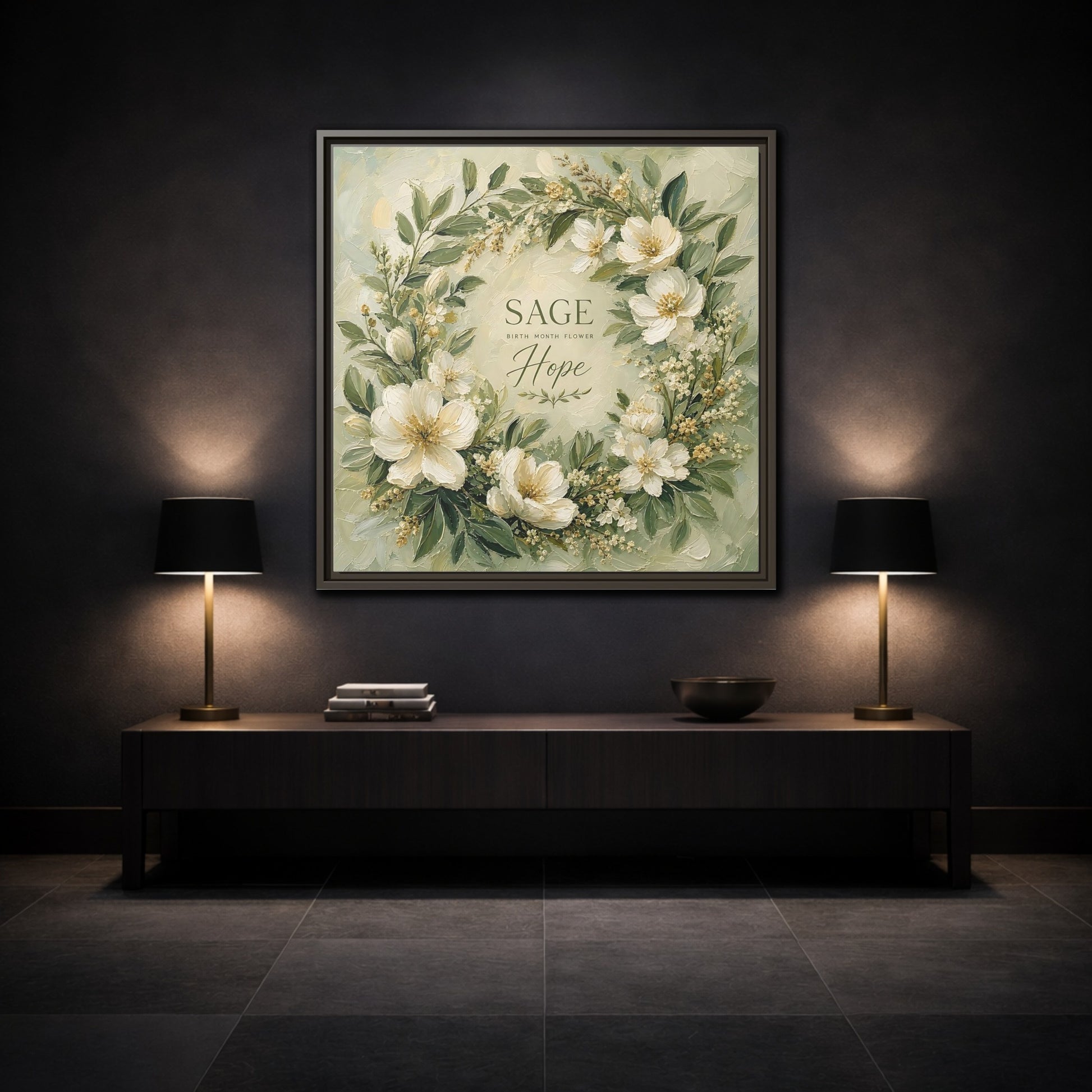 Mockup 3. Floral Floral Wreath Sage Green Floral shown as stretched canvas wall art