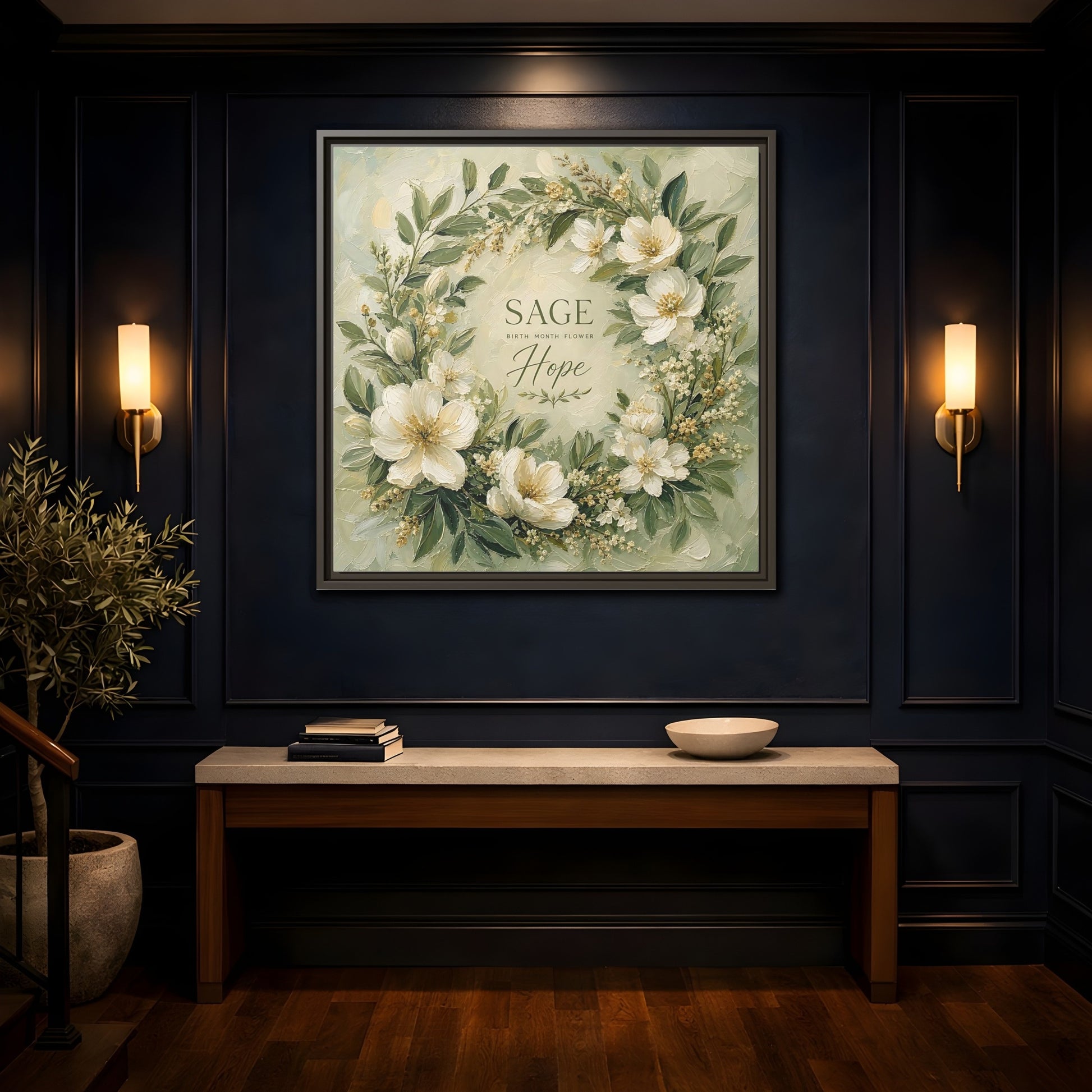 Mockup 4. Floral Floral Wreath Sage Green Floral shown as stretched canvas wall art