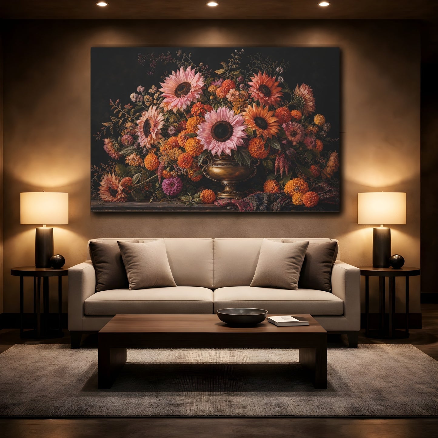 Mockup 2. Floral Flower Arrangement Dark Floral Arrangement shown as stretched canvas wall art
