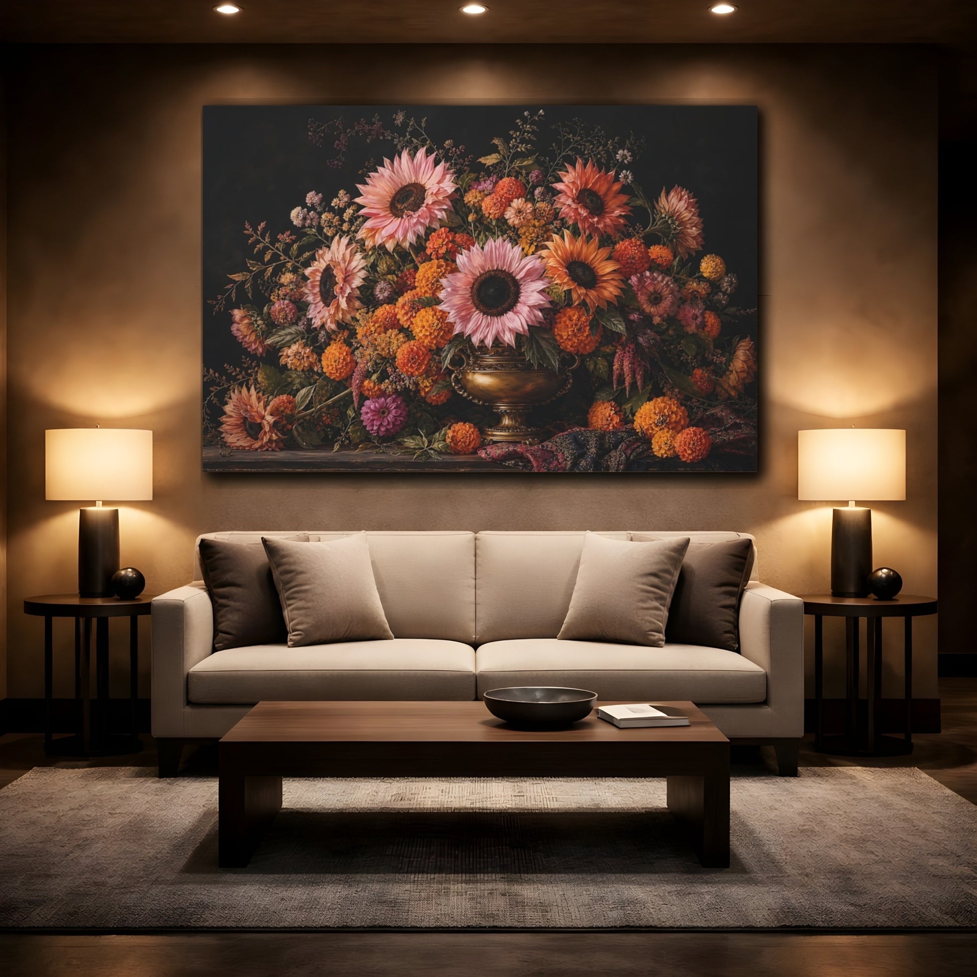 Mockup 2. Floral Flower Arrangement Dark Floral Arrangement shown as stretched canvas wall art