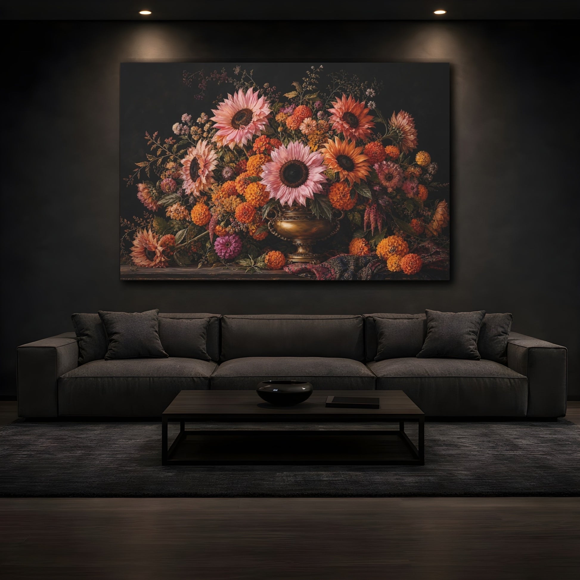 Mockup 3. Floral Flower Arrangement Dark Floral Arrangement shown as stretched canvas wall art