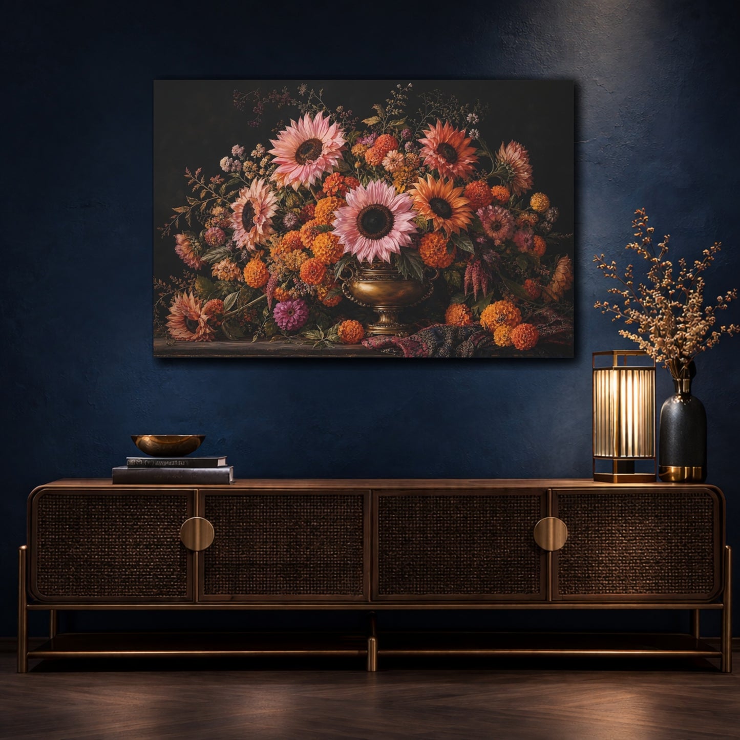 Mockup 4. Floral Flower Arrangement Dark Floral Arrangement shown as stretched canvas wall art