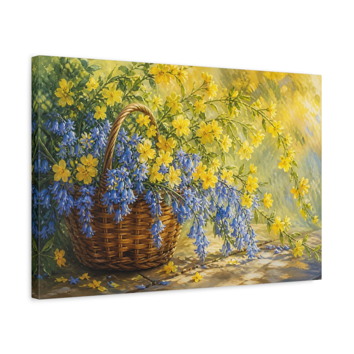 Side Mockup 3. Floral Flower Basket Blue And Yellow Floral shown as stretched canvas wall art