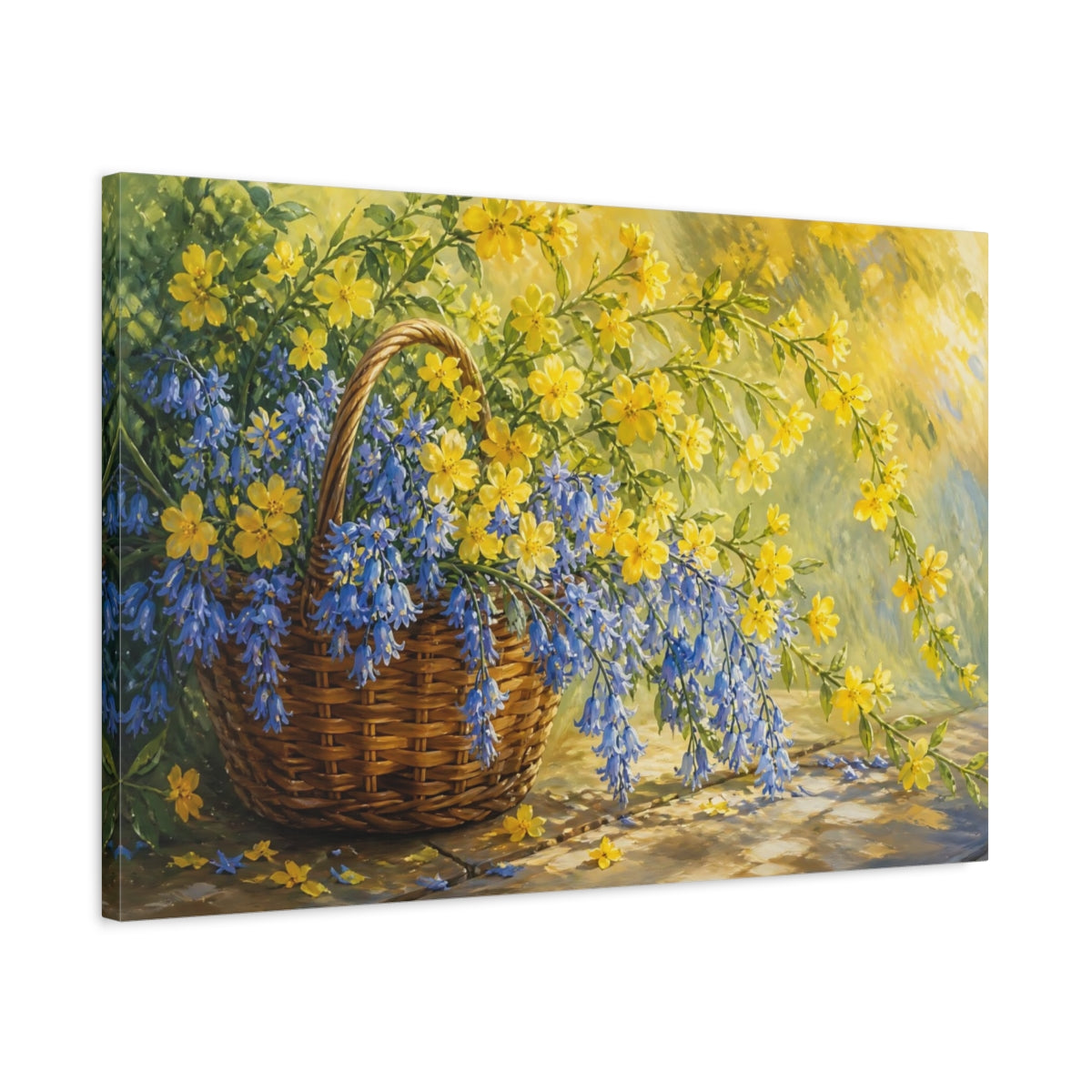 Side Mockup 2. Floral Flower Basket Blue And Yellow Floral shown as stretched canvas wall art