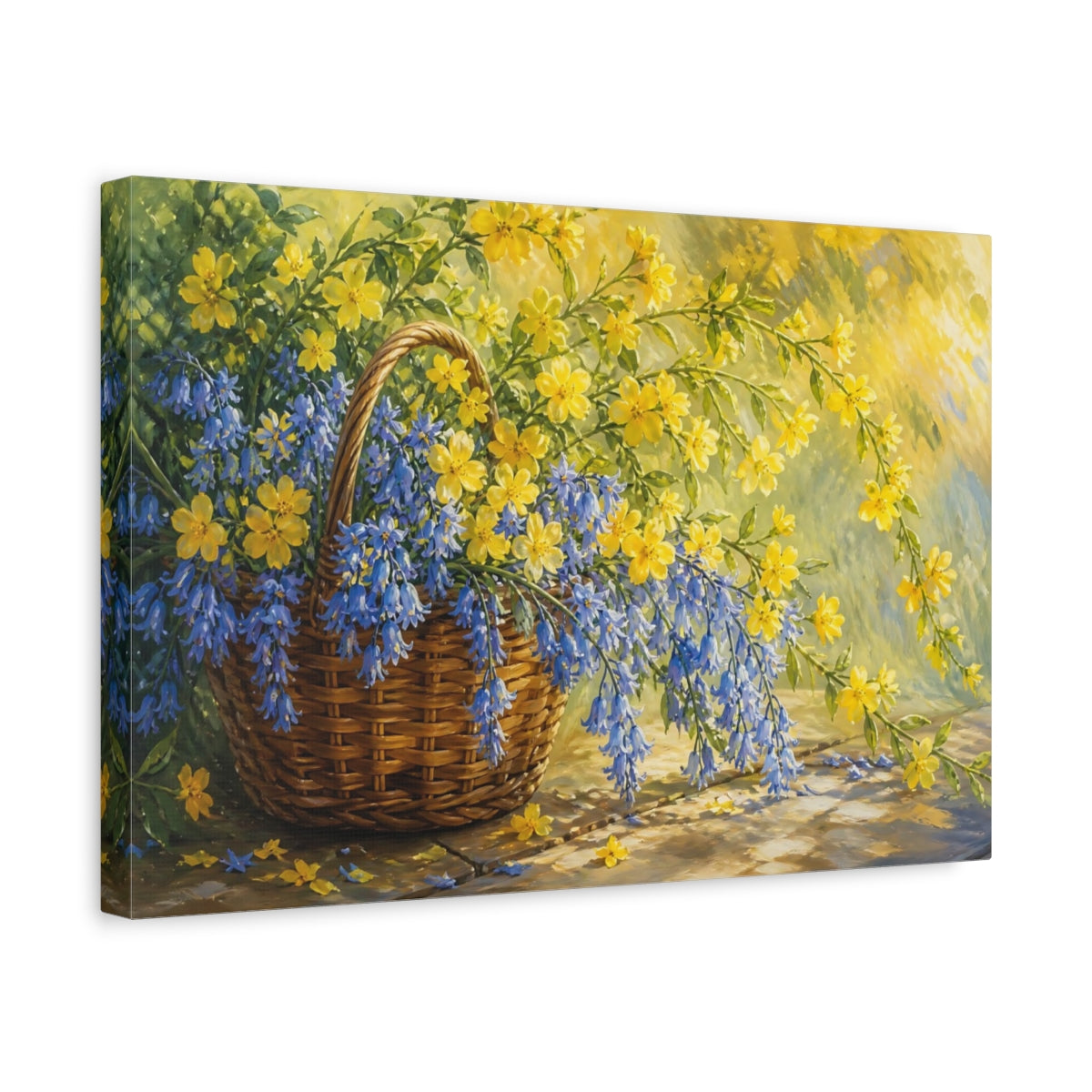 Side Mockup 4. Floral Flower Basket Blue And Yellow Floral shown as stretched canvas wall art