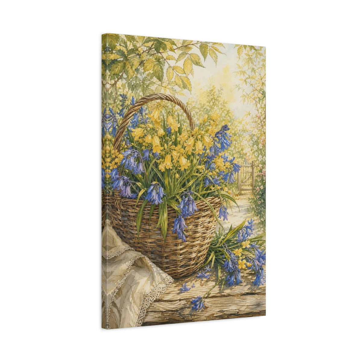 Side Mockup 2. Floral Flower Basket Blue And Yellow Flowers shown as stretched canvas wall art