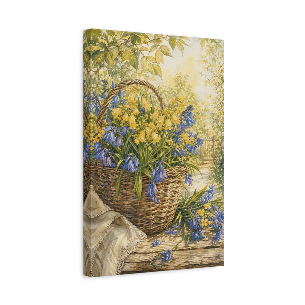 Side Mockup 4. Floral Flower Basket Blue And Yellow Flowers shown as stretched canvas wall art