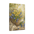 Side Mockup 4. Floral Flower Basket Blue And Yellow Flowers shown as stretched canvas wall art