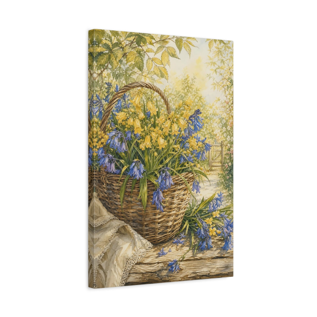 Side Mockup 3. Floral Flower Basket Blue And Yellow Flowers shown as stretched canvas wall art