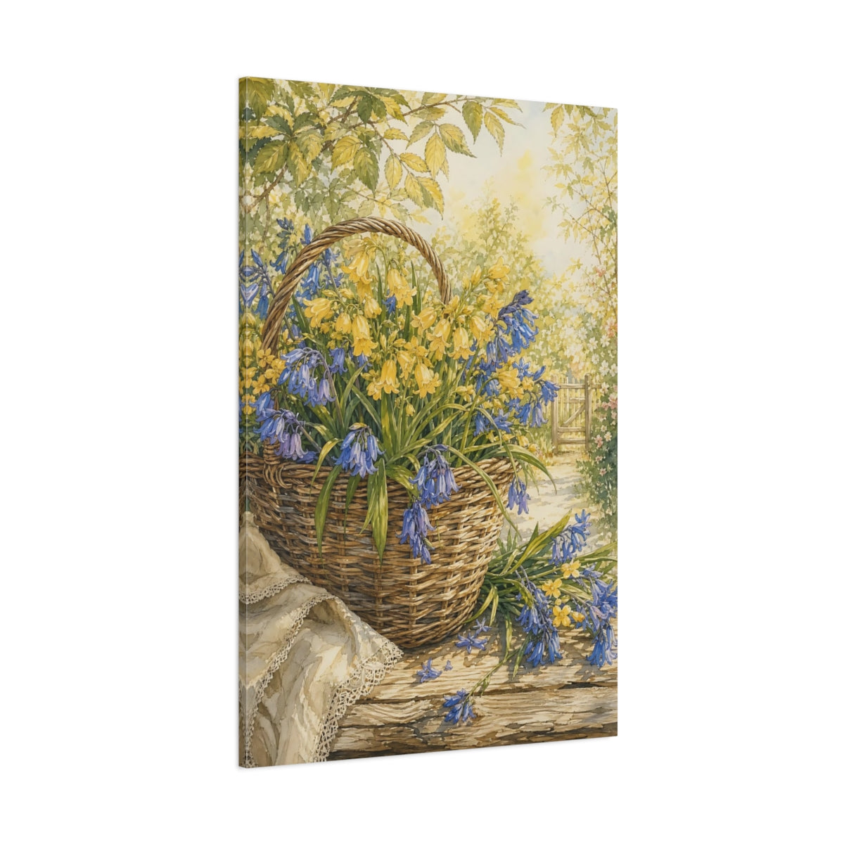 Side Mockup 1. Floral Flower Basket Blue And Yellow Flowers shown as stretched canvas wall art