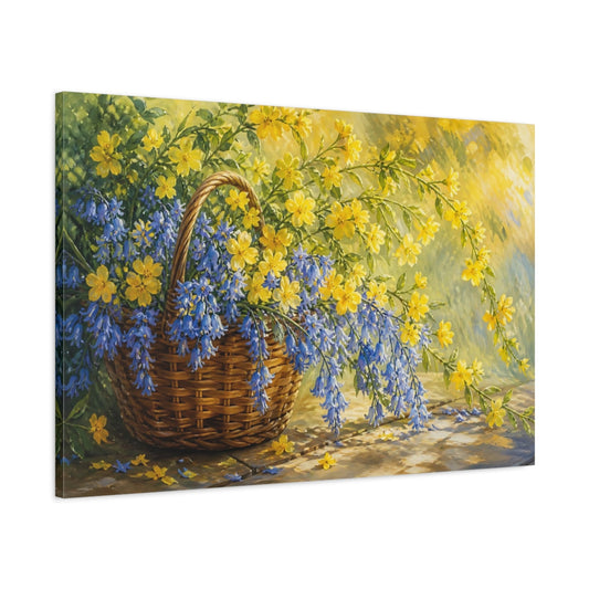 Main Mockup. Floral Flower Basket Blue And Yellow Floral shown as stretched canvas wall art