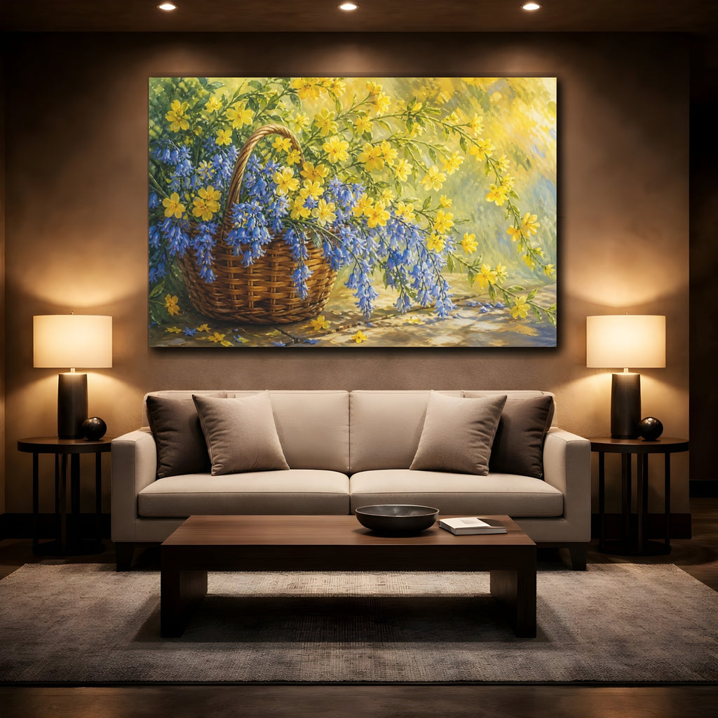 Mockup 2. Floral Flower Basket Blue And Yellow Floral shown as stretched canvas wall art