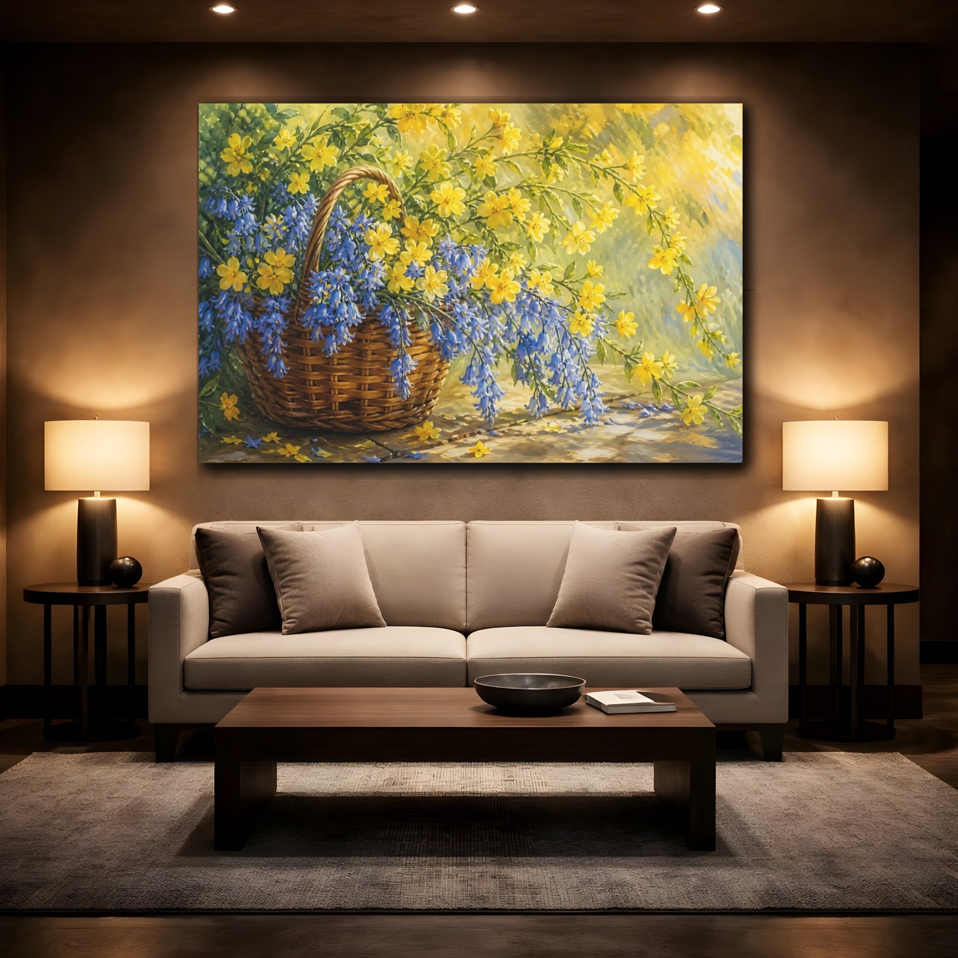 Mockup 2. Floral Flower Basket Blue And Yellow Floral shown as stretched canvas wall art