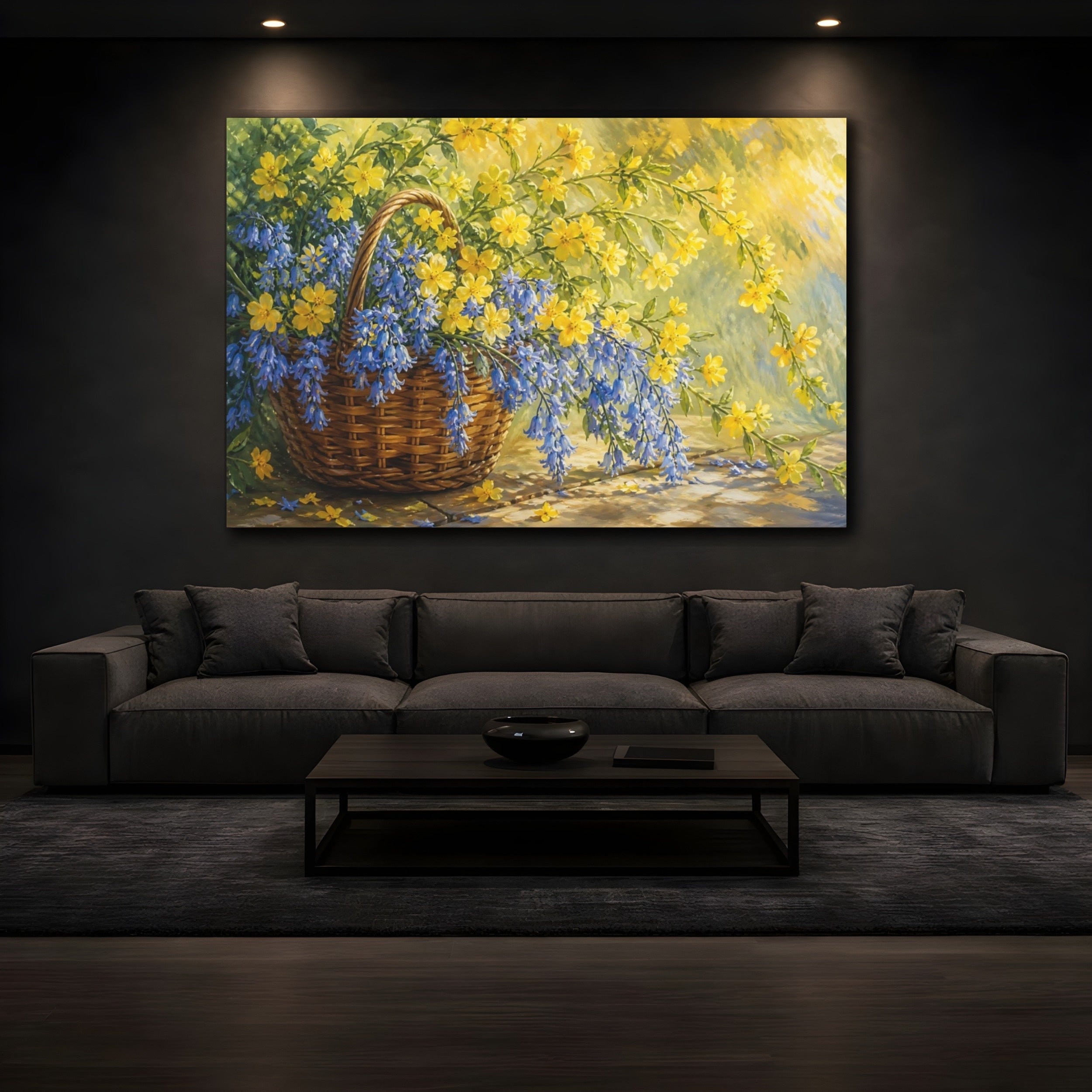 Mockup 3. Floral Flower Basket Blue And Yellow Floral shown as stretched canvas wall art